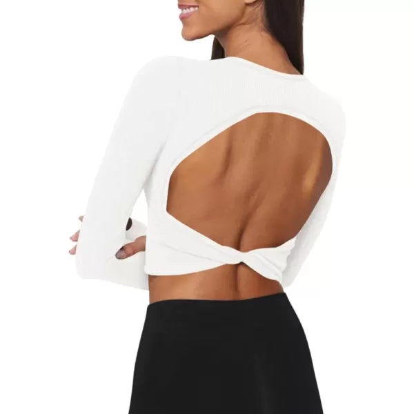 LASLULU Seamless Long Sleeve Crop Tops for Women Backless Workout Crop T Shirt Top Built in Bra Thumb HoleWhite