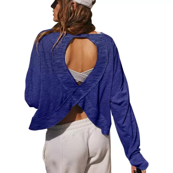 LASLULU Womens Open Back Long Sleeve Workout Tops Athletic Shirts Boat Neck Casual Running Tee Y2k Yoga Gym TopsRoyal Blue