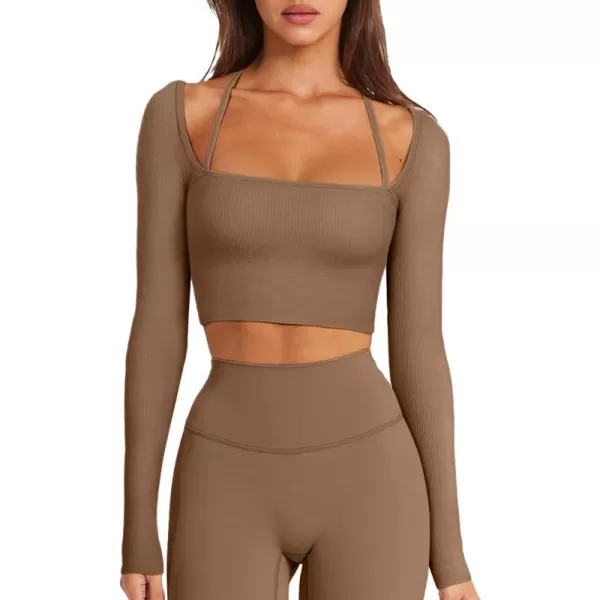 LASLULU Womens Sexy Square Neck Crop Top Ribbed Seamless Long Sleeve Workout Tops Halter Neck Yoga Tops with Built in BraBrown