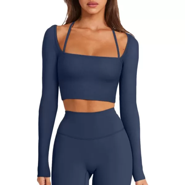 LASLULU Womens Sexy Square Neck Crop Top Ribbed Seamless Long Sleeve Workout Tops Halter Neck Yoga Tops with Built in BraNavy Blue