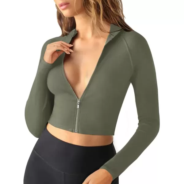 LASLULU Womens Zipper Workout Top Seamless Long Sleeve Ribbed Yoga Athletic Shirt Cropped Sweatshirts Slim Fit Crop TopsArmy Green