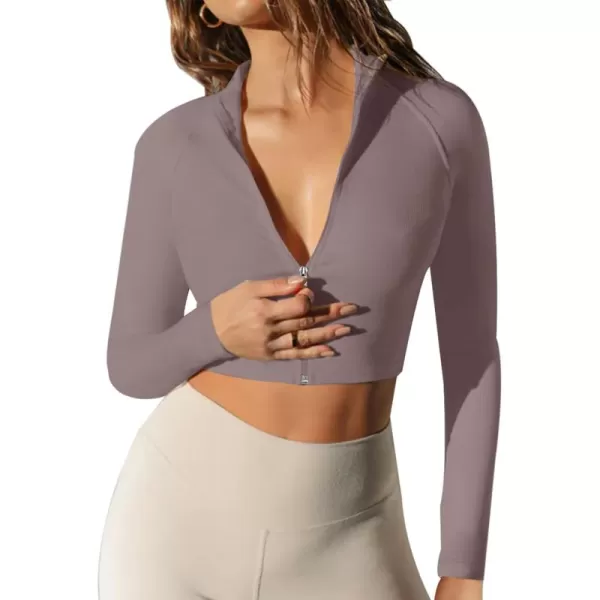 LASLULU Womens Zipper Workout Top Seamless Long Sleeve Ribbed Yoga Athletic Shirt Cropped Sweatshirts Slim Fit Crop TopsGray Purple