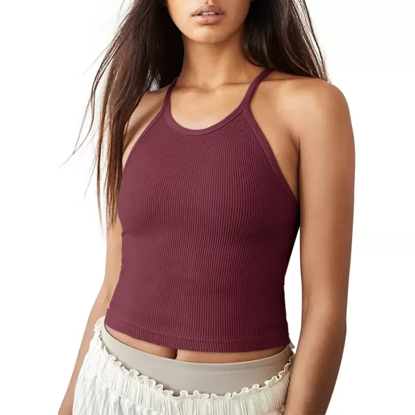 LASLULU Womens Sports Bra Seamless Long Crop Tank Racer Back Spaghetti Strap Workout Yoga Padded Bra Halter Neck Casual TopsBurgundy