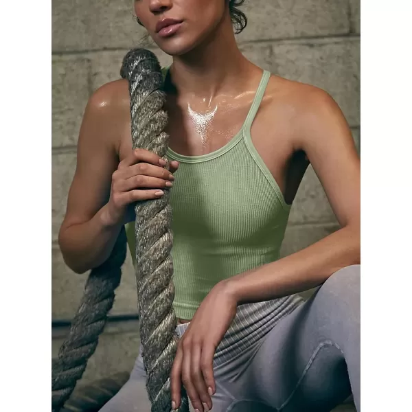 LASLULU Womens Sports Bra Seamless Long Crop Tank Racer Back Spaghetti Strap Workout Yoga Padded Bra Halter Neck Casual TopsMint Green