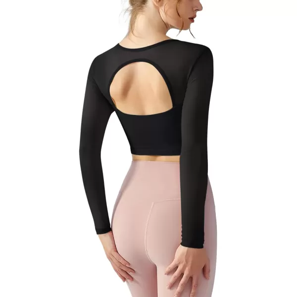 LASLULU Womens Mesh Long Sleeve Workout Tops Sexy Sweetheart Neck Double Lined Athletic Yoga Gym Tops with Built in BraBlack