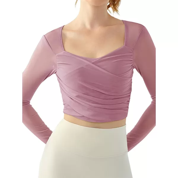 LASLULU Womens Mesh Long Sleeve Workout Tops Sexy Sweetheart Neck Double Lined Athletic Yoga Gym Tops with Built in BraLight Pink