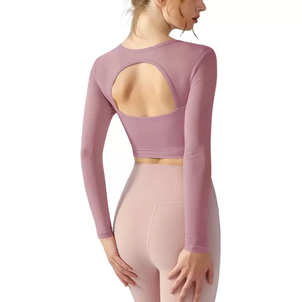 LASLULU Womens Mesh Long Sleeve Workout Tops Sexy Sweetheart Neck Double Lined Athletic Yoga Gym Tops with Built in BraLight Pink