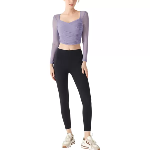 LASLULU Womens Mesh Long Sleeve Workout Tops Sexy Sweetheart Neck Double Lined Athletic Yoga Gym Tops with Built in BraViolet