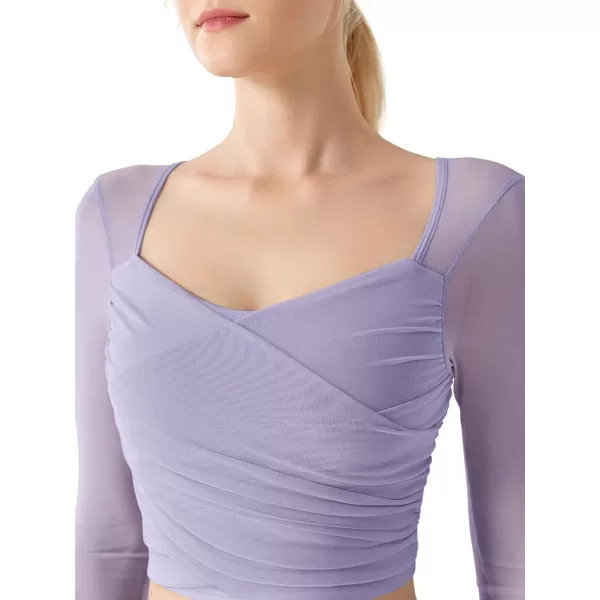 LASLULU Womens Mesh Long Sleeve Workout Tops Sexy Sweetheart Neck Double Lined Athletic Yoga Gym Tops with Built in BraViolet