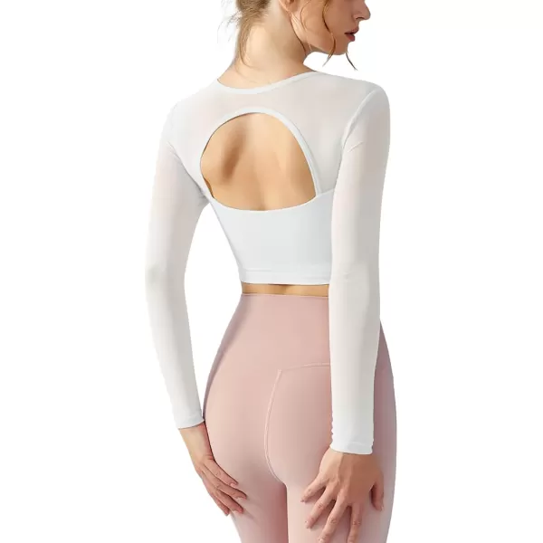 LASLULU Womens Mesh Long Sleeve Workout Tops Sexy Sweetheart Neck Double Lined Athletic Yoga Gym Tops with Built in BraWhite