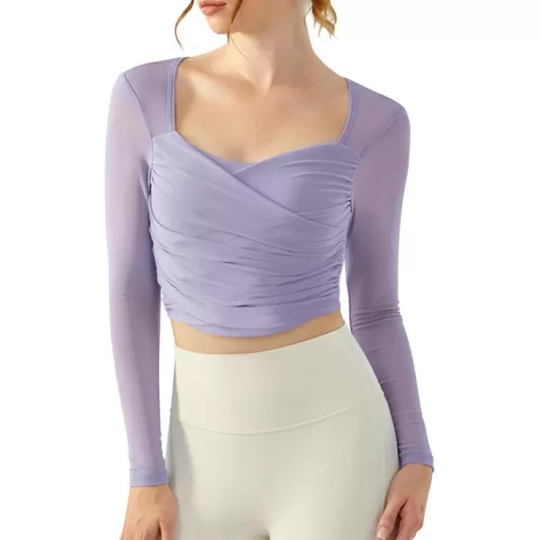 LASLULU Womens Mesh Long Sleeve Workout Tops Sexy Sweetheart Neck Double Lined Athletic Yoga Gym Tops with Built in BraViolet