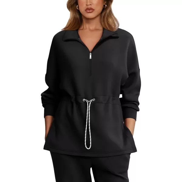 imageLASLULU Womens Oversized Sweatshirts Half Zip Hoodies Drawstring Waist Long Sleeve Tunic Pullover Tops Fall Outfits 2024Black