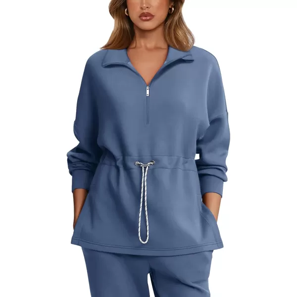 imageLASLULU Womens Oversized Sweatshirts Half Zip Hoodies Drawstring Waist Long Sleeve Tunic Pullover Tops Fall Outfits 2024Blue