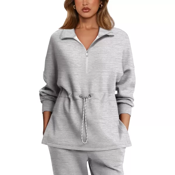 imageLASLULU Womens Oversized Sweatshirts Half Zip Hoodies Drawstring Waist Long Sleeve Tunic Pullover Tops Fall Outfits 2024Light Grey