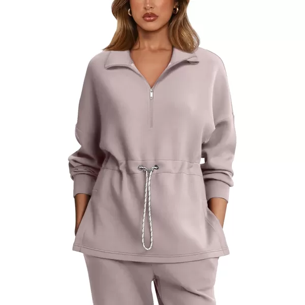 imageLASLULU Womens Oversized Sweatshirts Half Zip Hoodies Drawstring Waist Long Sleeve Tunic Pullover Tops Fall Outfits 2024Taupe Marl