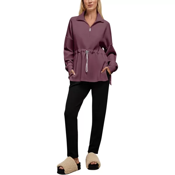 imageLASLULU Womens Oversized Sweatshirts Half Zip Hoodies Drawstring Waist Long Sleeve Tunic Pullover Tops Fall Outfits 2024Tawny Port