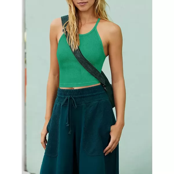imageLASLULU Womens Sports Bra Seamless Long Crop Tank Racer Back Spaghetti Strap Workout Yoga Padded Bra Halter Neck Casual TopsBright Green