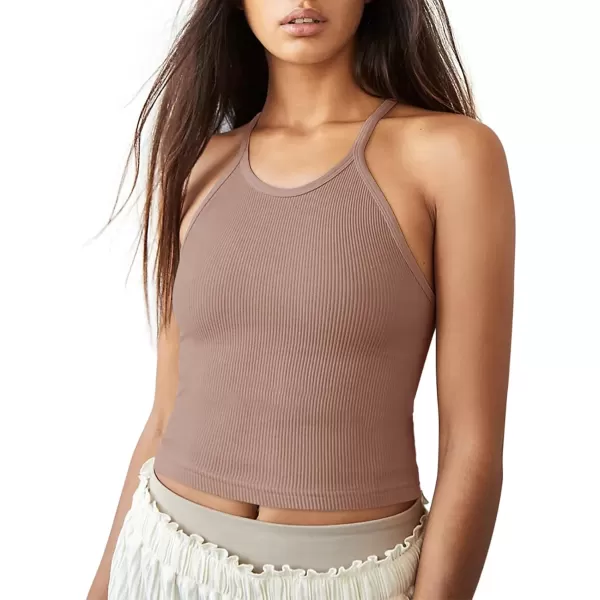 imageLASLULU Womens Sports Bra Seamless Long Crop Tank Racer Back Spaghetti Strap Workout Yoga Padded Bra Halter Neck Casual TopsSienna