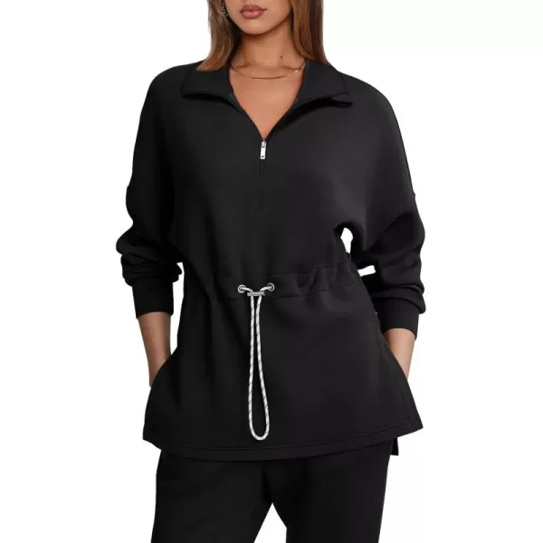 imageLASLULU Womens Oversized Sweatshirts Half Zip Hoodies Drawstring Waist Long Sleeve Tunic Pullover Tops Fall Outfits 2024Black