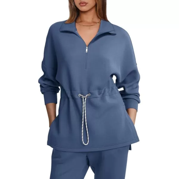 imageLASLULU Womens Oversized Sweatshirts Half Zip Hoodies Drawstring Waist Long Sleeve Tunic Pullover Tops Fall Outfits 2024Blue