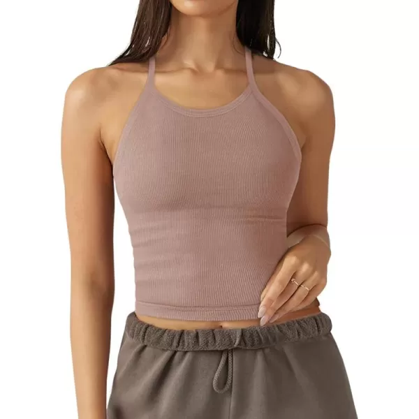 imageLASLULU Womens Sports Bra Seamless Long Crop Tank Racer Back Spaghetti Strap Workout Yoga Padded Bra Halter Neck Casual TopsSienna