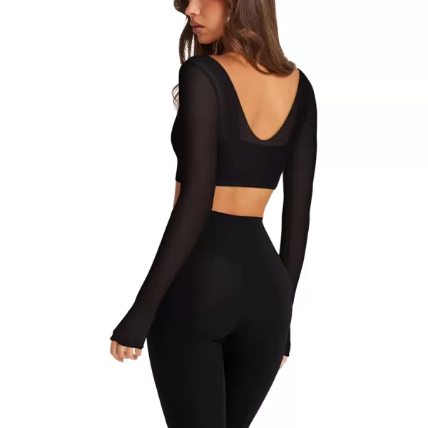 imageLASLULU Mesh Long Sleeve Crop Tops for Women Double Lined Workout Tops Athletic Gym Shirts Cropped Tops with Built in BraBlack