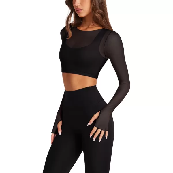 imageLASLULU Mesh Long Sleeve Crop Tops for Women Double Lined Workout Tops Athletic Gym Shirts Cropped Tops with Built in BraBlack