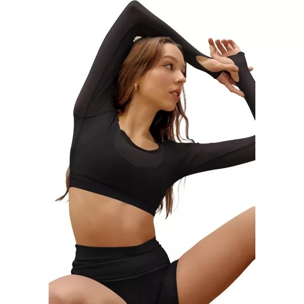 imageLASLULU Mesh Long Sleeve Crop Tops for Women Double Lined Workout Tops Athletic Gym Shirts Cropped Tops with Built in BraBlack