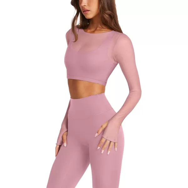 imageLASLULU Mesh Long Sleeve Crop Tops for Women Double Lined Workout Tops Athletic Gym Shirts Cropped Tops with Built in BraLight Pink