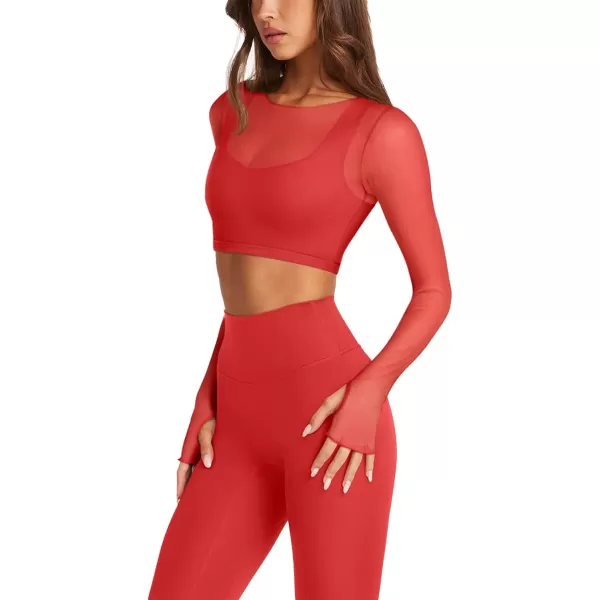 imageLASLULU Mesh Long Sleeve Crop Tops for Women Double Lined Workout Tops Athletic Gym Shirts Cropped Tops with Built in BraRed