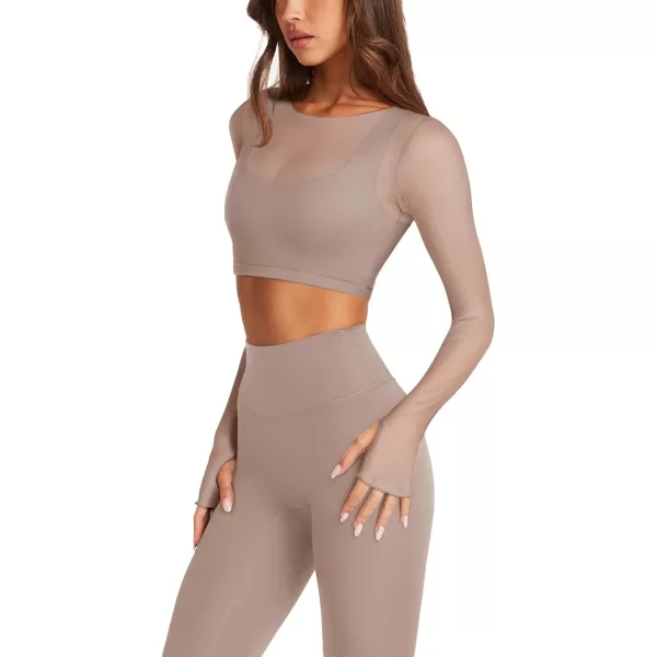 imageLASLULU Mesh Long Sleeve Crop Tops for Women Double Lined Workout Tops Athletic Gym Shirts Cropped Tops with Built in BraSienna