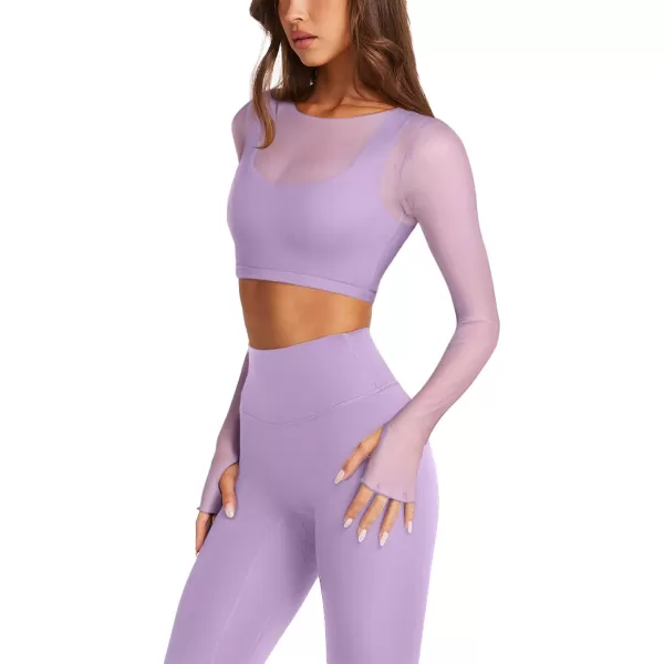 imageLASLULU Mesh Long Sleeve Crop Tops for Women Double Lined Workout Tops Athletic Gym Shirts Cropped Tops with Built in BraViolet