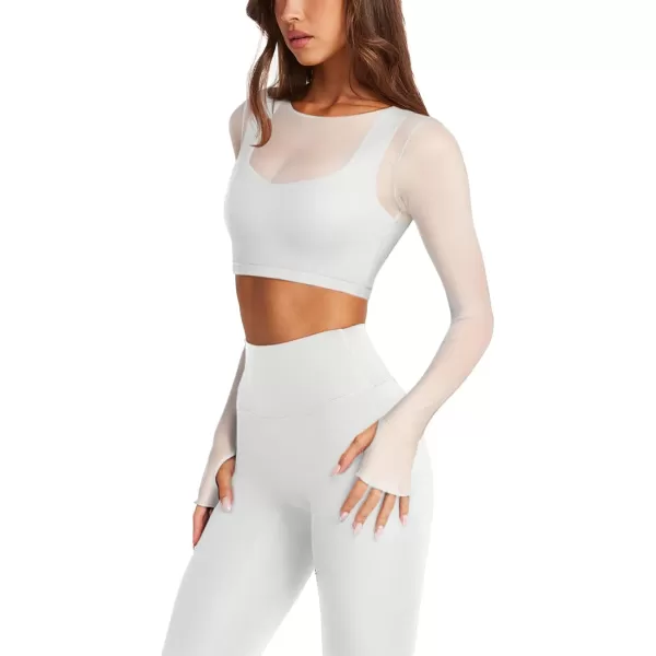 imageLASLULU Mesh Long Sleeve Crop Tops for Women Double Lined Workout Tops Athletic Gym Shirts Cropped Tops with Built in BraWhite