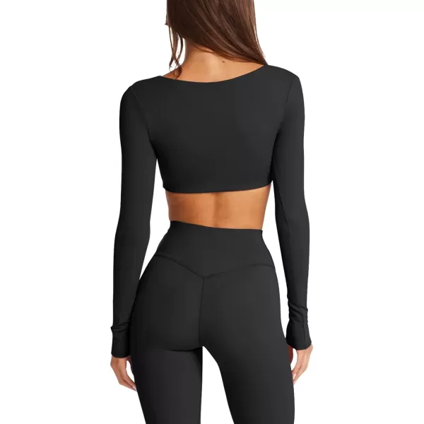 imageLASLULU Sexy V Neck Long Sleeve Crop Tops for Women Workout Tops Athletic Gym Shirts Running Cropped Tops with Built in BraBlack