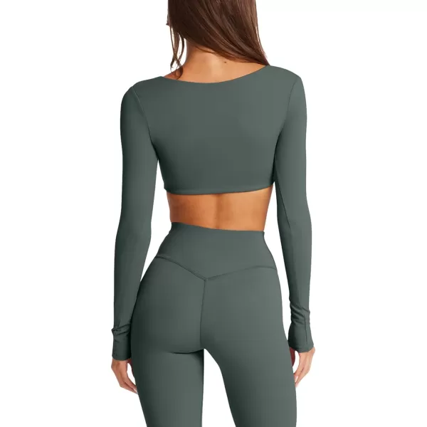 imageLASLULU Sexy V Neck Long Sleeve Crop Tops for Women Workout Tops Athletic Gym Shirts Running Cropped Tops with Built in BraForest Green