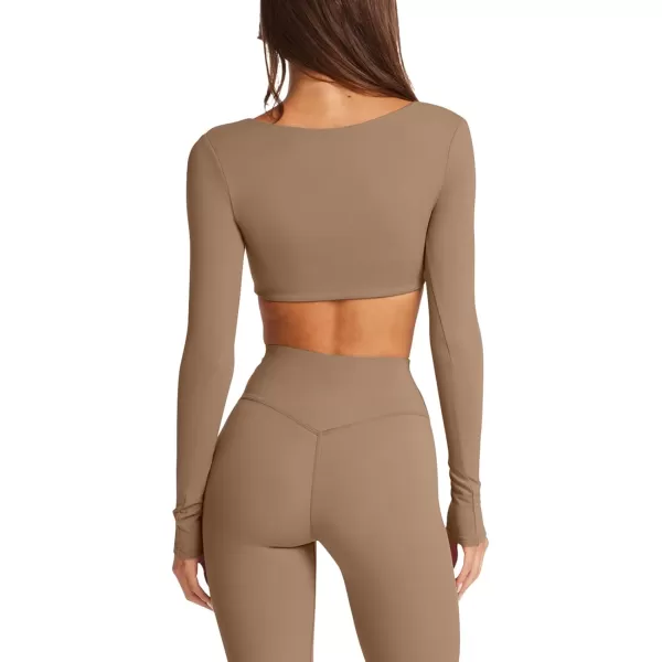 imageLASLULU Sexy V Neck Long Sleeve Crop Tops for Women Workout Tops Athletic Gym Shirts Running Cropped Tops with Built in BraLight Coffee