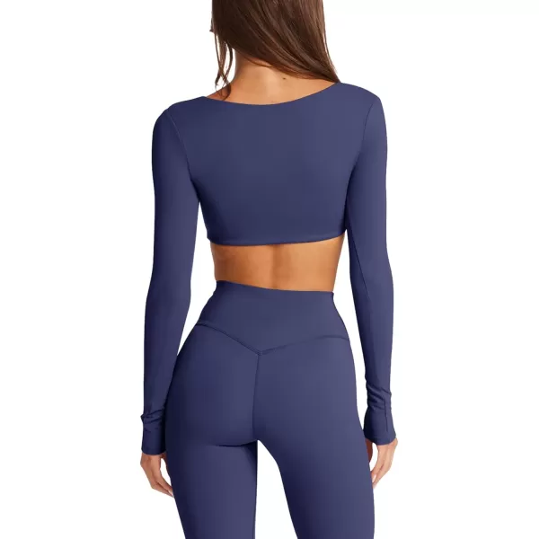 imageLASLULU Sexy V Neck Long Sleeve Crop Tops for Women Workout Tops Athletic Gym Shirts Running Cropped Tops with Built in BraNavy Blue