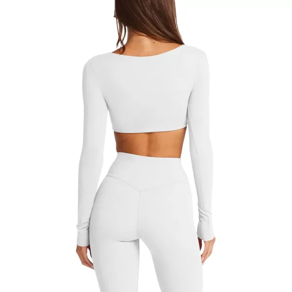 imageLASLULU Sexy V Neck Long Sleeve Crop Tops for Women Workout Tops Athletic Gym Shirts Running Cropped Tops with Built in BraWhite