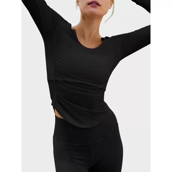 imageLASLULU Womens Active Long Sleeve Crop Workout Tops Scoop Neck Athletic Yoga Gym Running Shirts Pilates Tops CutoutBlack