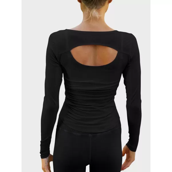 imageLASLULU Womens Active Long Sleeve Crop Workout Tops Scoop Neck Athletic Yoga Gym Running Shirts Pilates Tops CutoutBlack