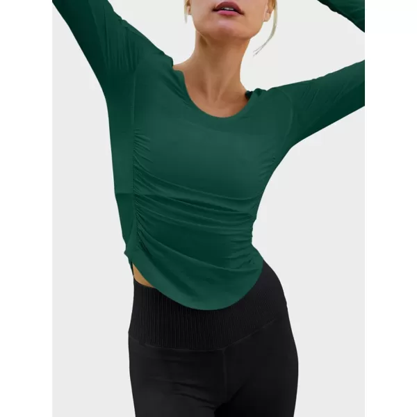 imageLASLULU Womens Active Long Sleeve Crop Workout Tops Scoop Neck Athletic Yoga Gym Running Shirts Pilates Tops CutoutDark Green