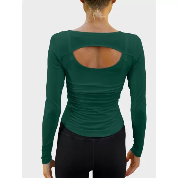 imageLASLULU Womens Active Long Sleeve Crop Workout Tops Scoop Neck Athletic Yoga Gym Running Shirts Pilates Tops CutoutDark Green