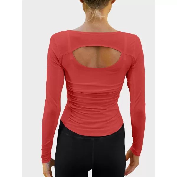 imageLASLULU Womens Active Long Sleeve Crop Workout Tops Scoop Neck Athletic Yoga Gym Running Shirts Pilates Tops CutoutOrange Red