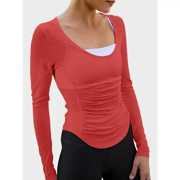 imageLASLULU Womens Active Long Sleeve Crop Workout Tops Scoop Neck Athletic Yoga Gym Running Shirts Pilates Tops CutoutOrange Red