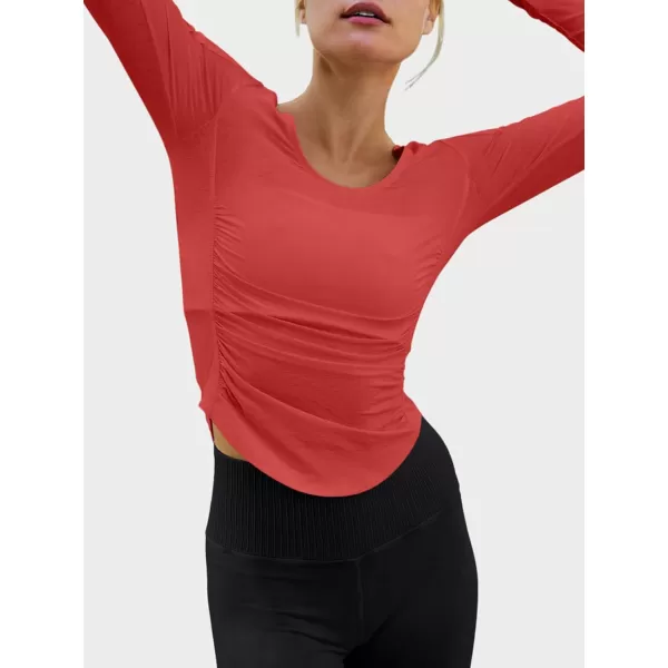 imageLASLULU Womens Active Long Sleeve Crop Workout Tops Scoop Neck Athletic Yoga Gym Running Shirts Pilates Tops CutoutOrange Red