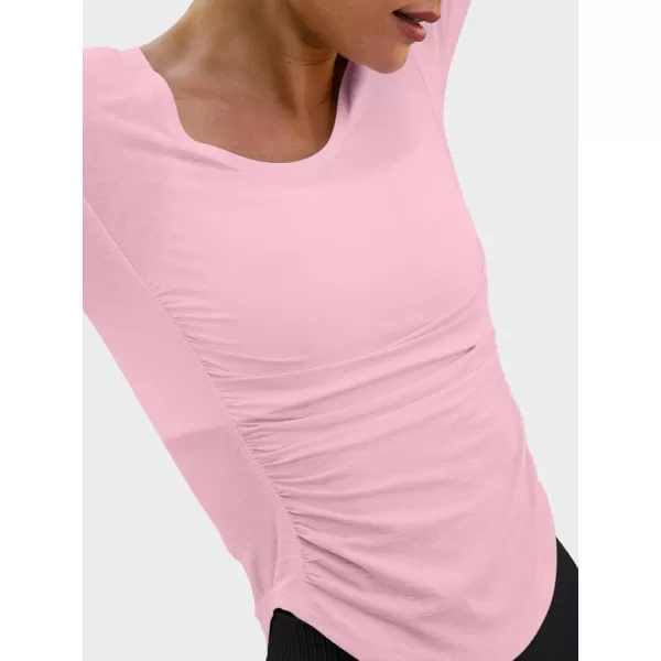 imageLASLULU Womens Active Long Sleeve Crop Workout Tops Scoop Neck Athletic Yoga Gym Running Shirts Pilates Tops CutoutPink