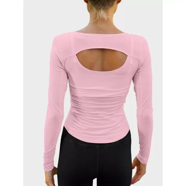 imageLASLULU Womens Active Long Sleeve Crop Workout Tops Scoop Neck Athletic Yoga Gym Running Shirts Pilates Tops CutoutPink