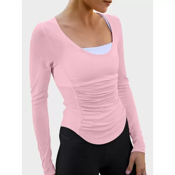 imageLASLULU Womens Active Long Sleeve Crop Workout Tops Scoop Neck Athletic Yoga Gym Running Shirts Pilates Tops CutoutPink