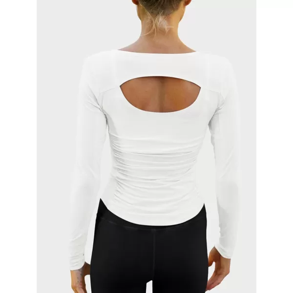 imageLASLULU Womens Active Long Sleeve Crop Workout Tops Scoop Neck Athletic Yoga Gym Running Shirts Pilates Tops CutoutWhite