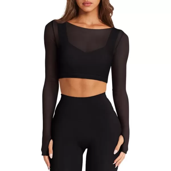 imageLASLULU Mesh Long Sleeve Crop Tops for Women Double Lined Workout Tops Athletic Gym Shirts Cropped Tops with Built in BraBlack